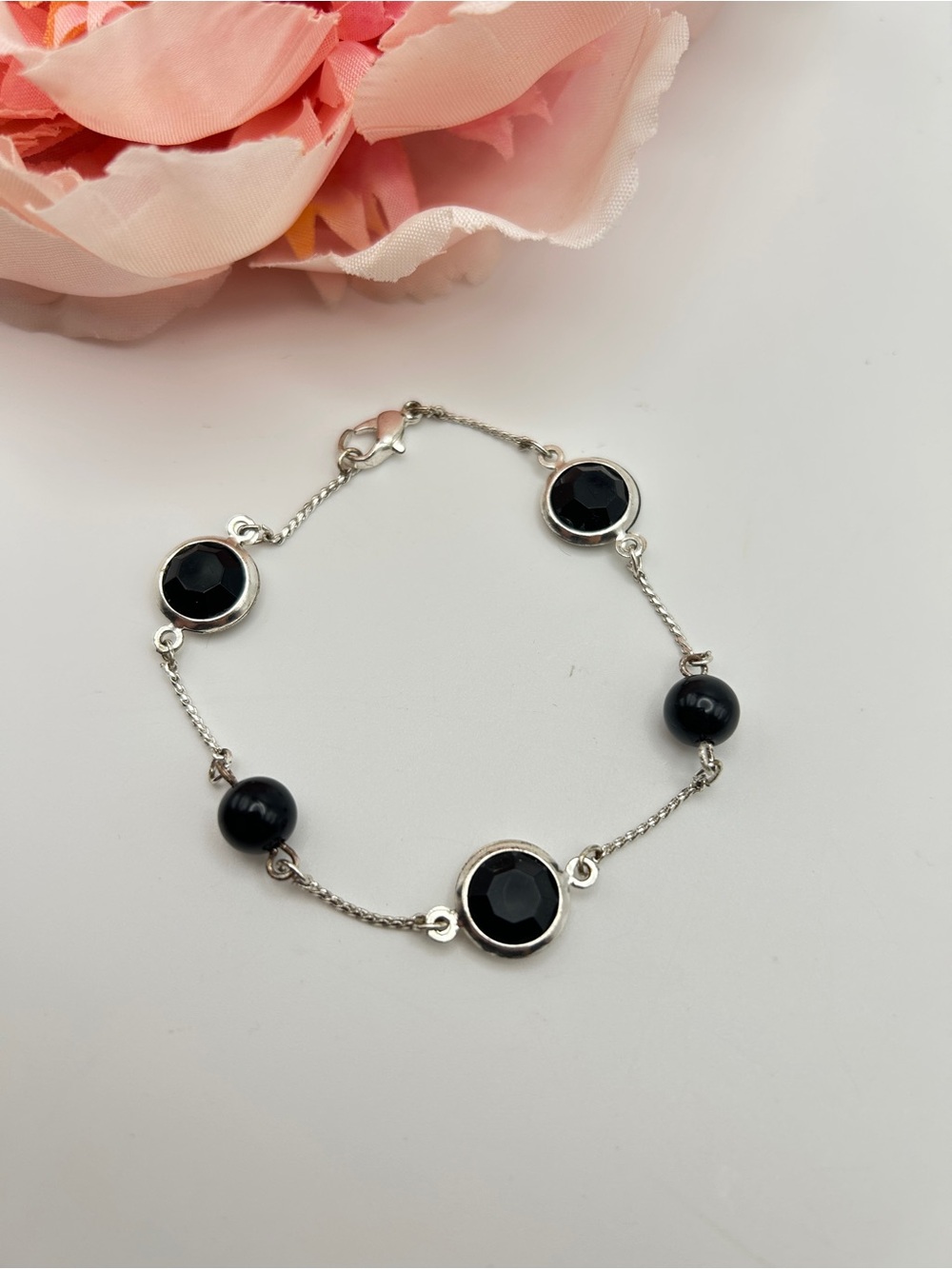 Silver Tone Black Station Bracelet